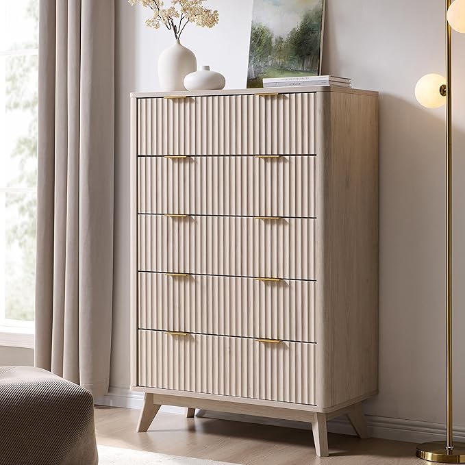 T4TREAM Fluted 5 Drawers Dresser, 48" Tall Modern Chest of Drawers, Curved Profile Design, Wood Drawer Organizer for Bedroom, Living Room, Hallway, Entryway, White Alder
