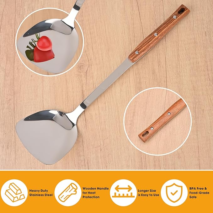FJNATINH 2Pack Stainless Steel Wok Utensils, Heat Resistant Wok Spatulas and Ladle, with Wooden Handle, for Serving, Turning, Cooking, Stirring, Soup