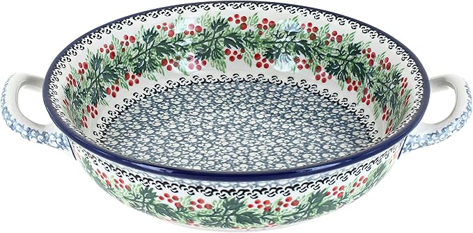 Blue Rose Polish Pottery - Blue Noelle Small Round Casserole with Handles - 8.25" Diameter - Unique, Dishwasher Safe, & Durable Bakeware