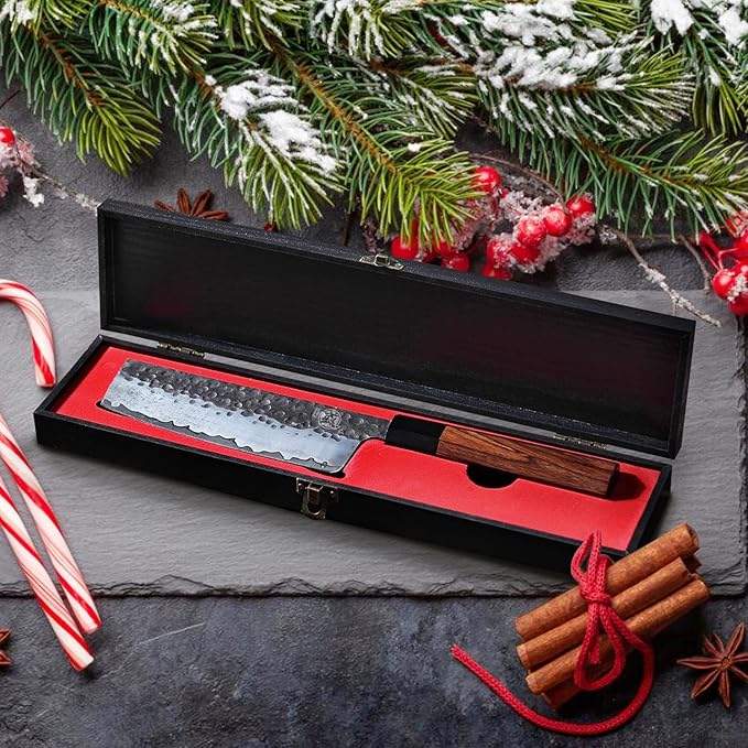 MITSUMOTO SAKARI Nakiri Chef Knife 7 inch - Hand Forged Japanese Kitchen Knives, 3-Layer 9CR18MOV High Carbon Steel, Rosewood Handle & Sandalwood Box
