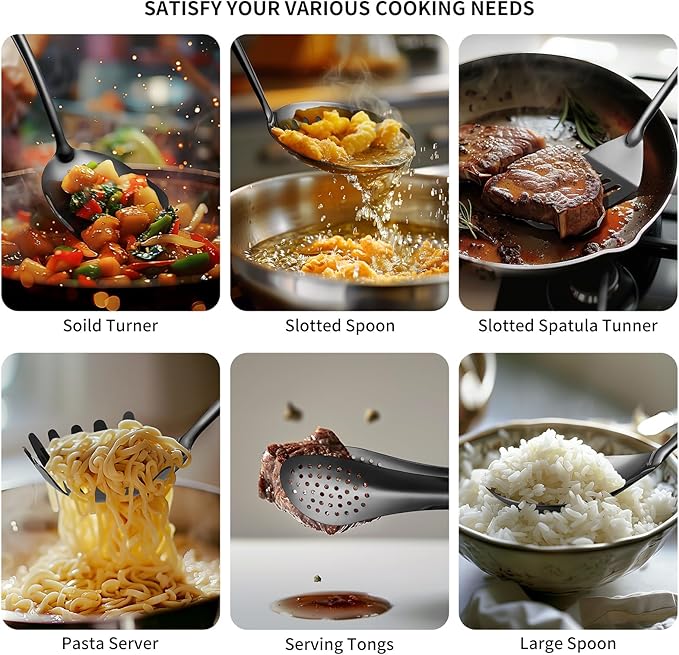 304 Stainlss Steel Matte Kitchen Utensils Set, 11 Pcs Long Metal Cooking Utensil Gadgets Tools Set with Spatula, Ladle, Spoon, Skimmer, Turner, Pasta Server, Tongs(Black, Dishwasher Safe)