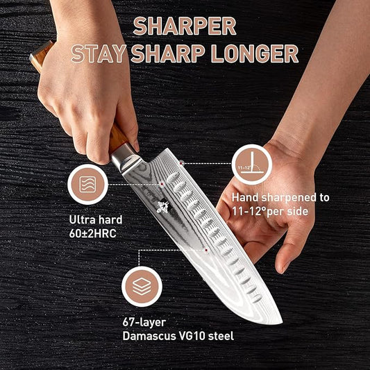 Damascus Santoku Knife 7 inch with VG10 Steel Olivewood Handle, Razor Sharp Kitchen Knife