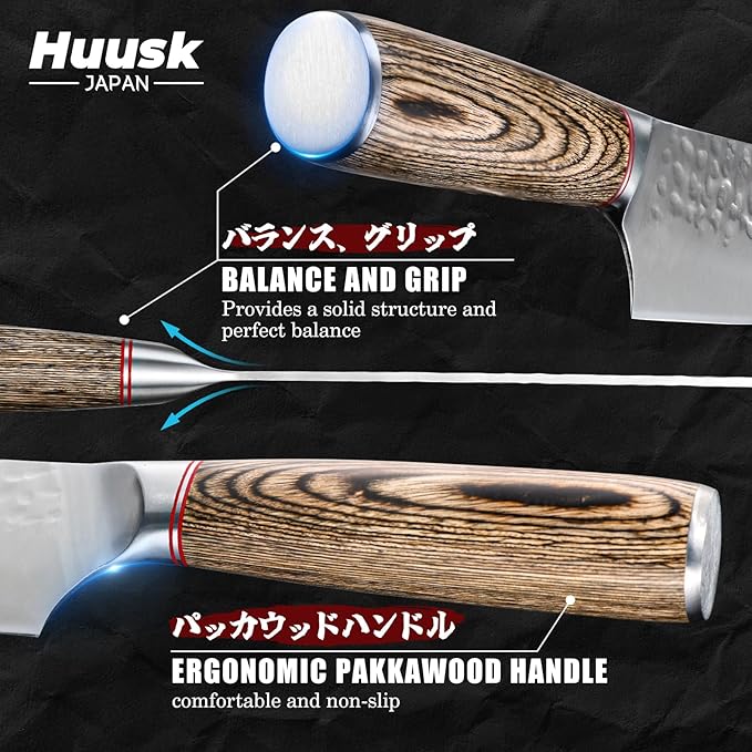 Huusk Kitchen Knife Set 3pcs - Japanese Nakiri Vegetable Knife, Meat Cleaver Boning Knife for Meat Cutting, Hand Forged Butcher Chef Knives Set for Kitchen Home Cooking, Father's Day Gifts for Men
