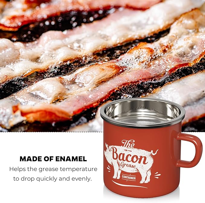 PGYARD Mini Bacon Grease Container With Strainer - 15OZ Enamel Grease Saver, Farmhouse Bacon Grease Keeper For Kitchen Fat Storage, Dishwasher Safe-Red