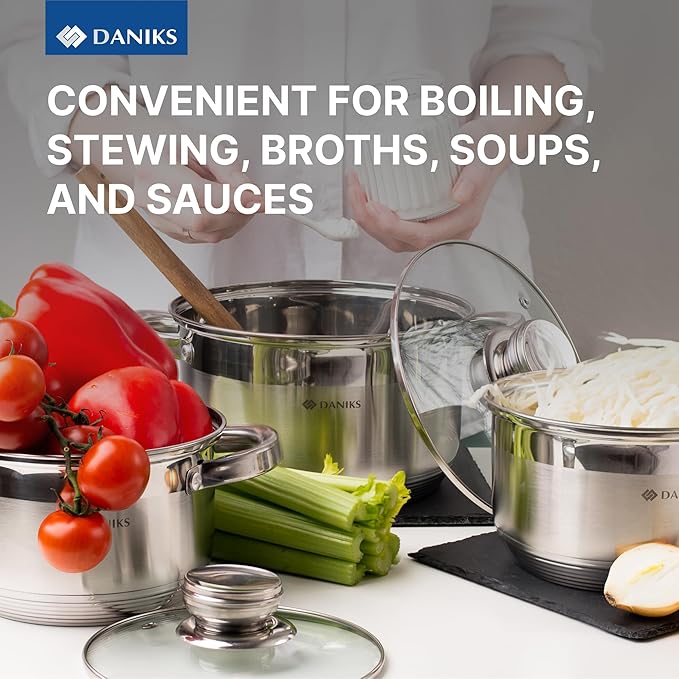 Daniks Standard Stainless Steel Stock Pot with Glass Lid – Induction 7 Quart, Dishwasher Safe, Measuring Scale, For Soup, Pasta, Stew, Silver