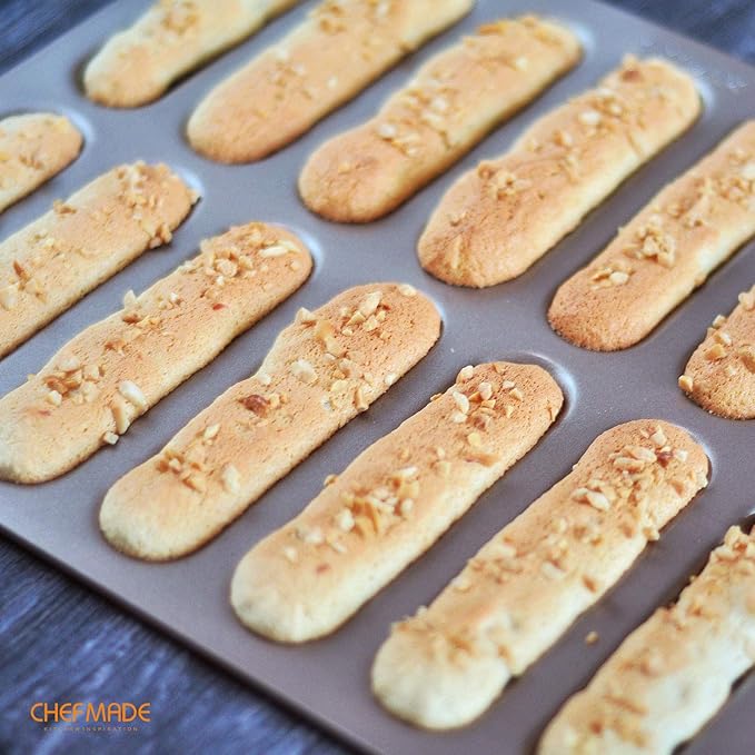 CHEFMADE Eclair Cake Pan, 14-Cavity Non-Stick Mini Eclair Cookie Biscuits Bakeware for Oven Baking (Champagne Gold)