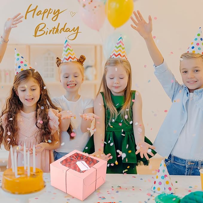 20Pcs 8 Inch Cake Boxes with Window, 8x8x5 Inches Pink Bakery Boxes, Cake Carrier Container for Pastries, Pie, Cookies, Chocolates, Cupcakes, Birthday Party, Wedding