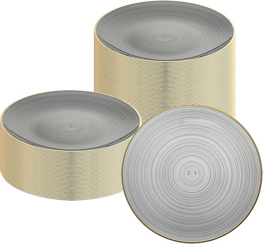 Restaurantware Plastic Plates 20 Pcs 10" Gold Rimmed Disposable Plates Heavy-Duty Black Translucent Rippled Plastic Dinner Servers for Party, Weddings, Salads, Desserts, and Appetizers