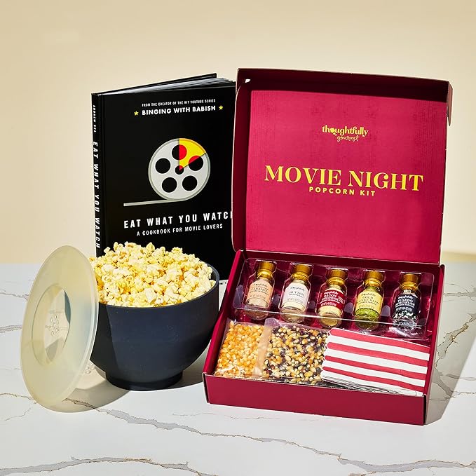 Thoughtfully, Movie Night Popcorn Gift Set with Seasonings, Toppings & Popper – Includes Eat What You Watch Cookbook, Popcorn Kernels, Microwave Popper, Paper Bags