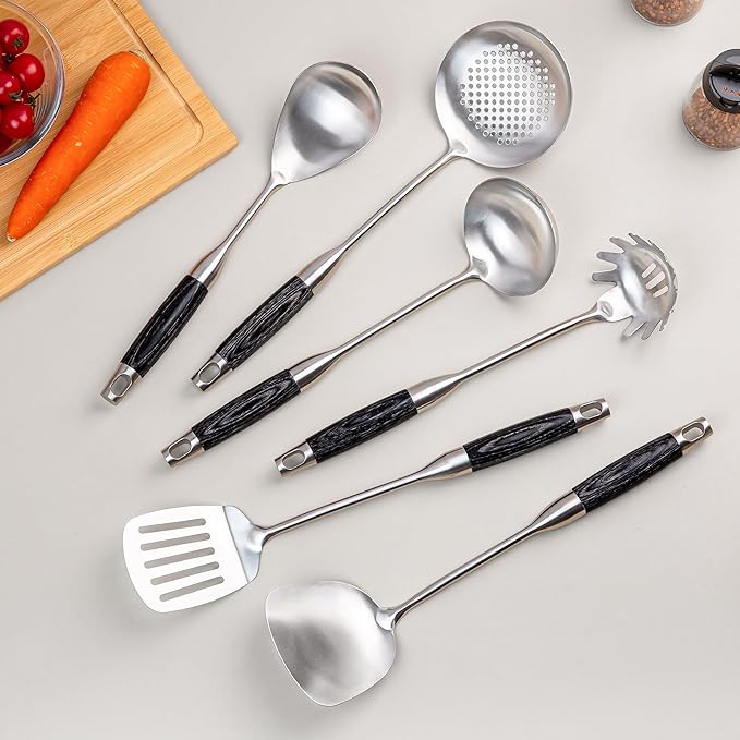 FJNATINH Kitchen Utensils Set - Wok Utensil - Wok Tools - 6 Pieces Ebony Wooden Handle Cooking Tools with Wok Spatula, Soup Ladle, Skimmer Spoon, Slotted Spatula Turner, Spaghetti Server, Solid Spoon