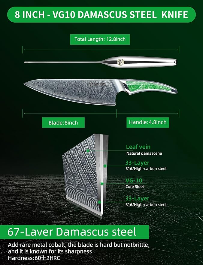 8 inch Chef Knife, Japanese VG-10 Damascus Steel Kitchen Knife, Ultra Sharp Cooking Knife with Full-tang Handle in Green Resin, LA-S9 Series