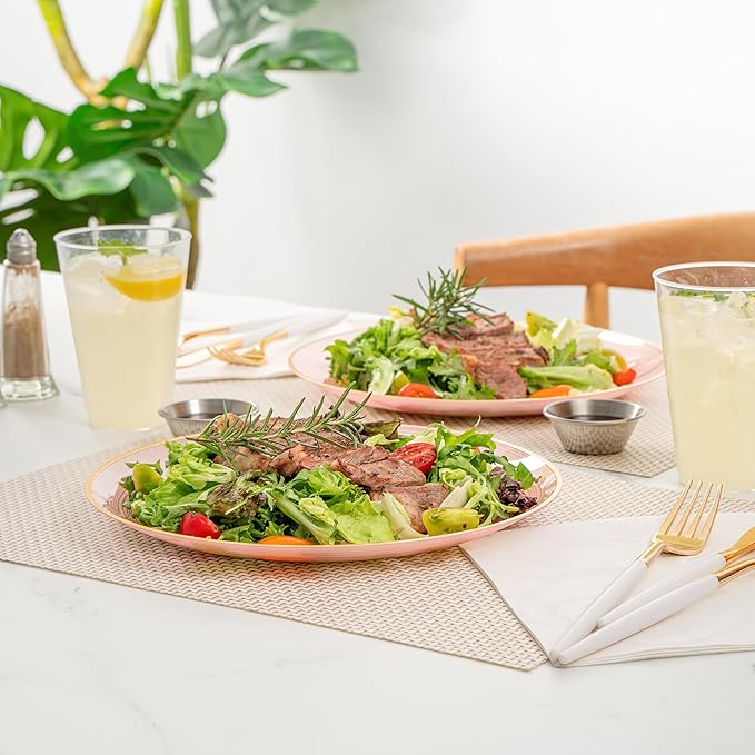 Restaurantware Plastic Plates 100 Pcs 10" Gold Rimmed Disposable Plates Heavy-Duty Pink Translucent Rippled Plastic Dinner Servers for Party, Weddings, Salads, Desserts, and Appetizers