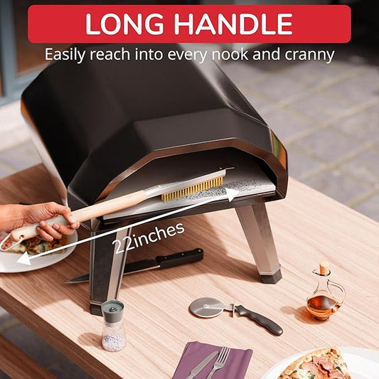 22” Pizza Oven Brush with Stone Scraper - Heat Resistant Stainless Steel Bristles, Extra Long Handle - Universal Fit for Most Pizza Ovens