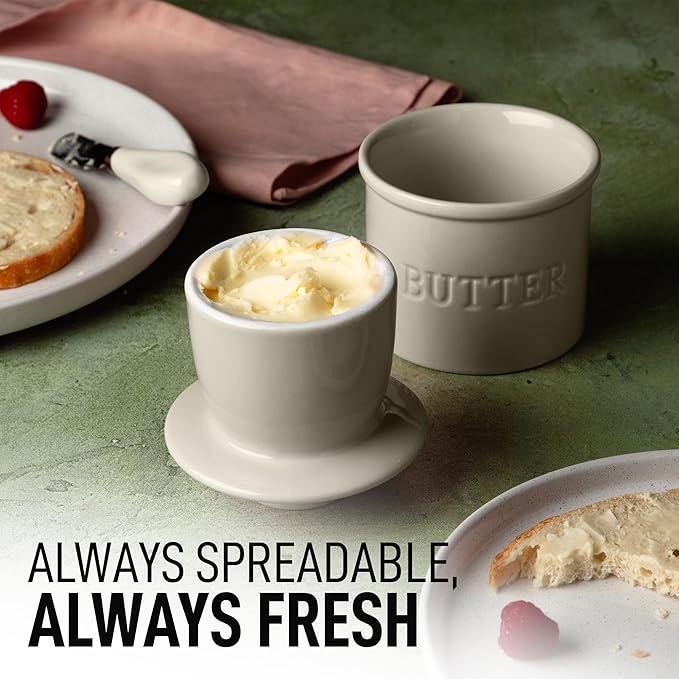 Zulay Kitchen Butter Crock With Lid & Spreader Knife for Countertop - Ceramic French Butter Dish Keeper For Fresh & Spreadable Butter - Stone Gray