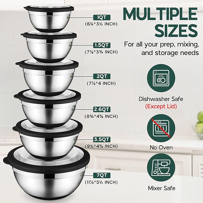 Onader Mixing Bowls with Lids Set of 6 for Kitchen, Stainless Steel Metal Nesting Bowls with Non-Slip Bottom Black - Size 1, 1.5, 2, 2.6, 3.5, 7QT