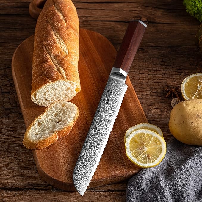 Serrated Bread Knife, 8 Inch Long Bread Knife for Homemade Bread with Damascus VG-10 Super Steel Core, Sharp 67-Layer Damascus Steel Cutting Knife with Natural Wood Handle