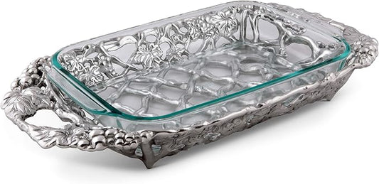 Arthur Court Metal Pyrex Glass Casserole Dish Holder Grape Pattern Sand Casted in Aluminum with Artisan Quality Hand Polished Design Tarnish-Free 21 inch Long 3 Quart Removable Glass Dish Included