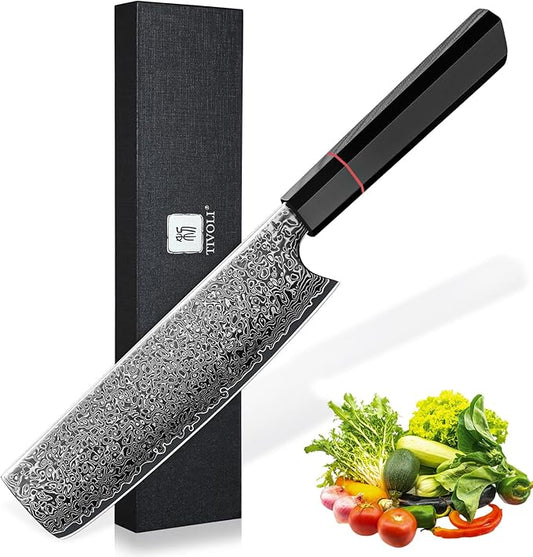 TIVOLI Damascus Nakiri Knife, Hand-ground Sharp Edge Meat Cleaver Kitchen Knives with 67-Layer Hand-Forged VG10 High Carbon Steel for Chopping Vegetable, Octagonal Handle,GIft for Dad,Mom