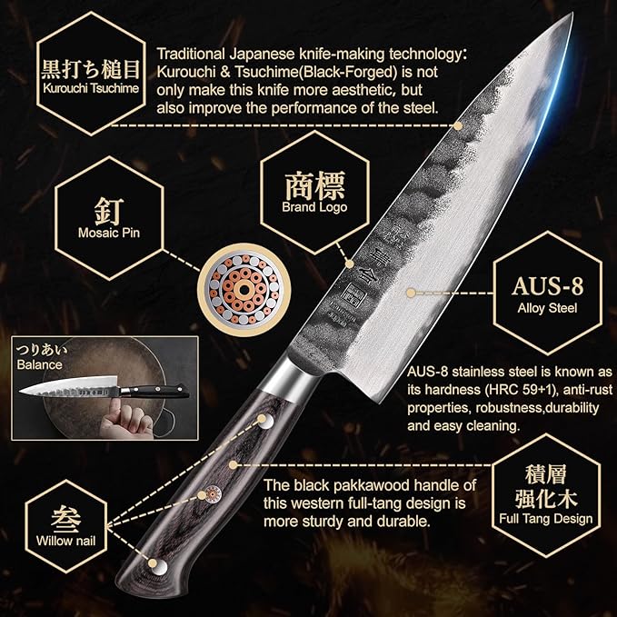 240mm Gyuto Knife, 9.5 Inch Japanese Chef Knife with AUS-8 Alloy Steel, Black Forged Japanese Carving Knives for Meat with Full-Tang Pakkawood Hanle, Premium Box for Husband, Dad