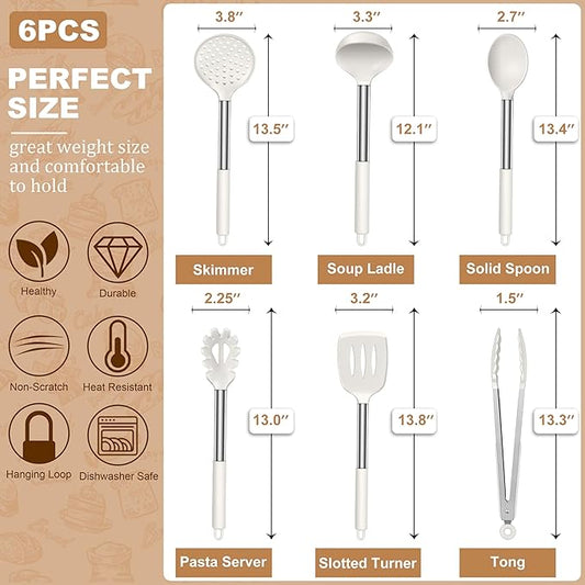 LIANYU Silicone Cooking Utensils Set, 6 Piece Kitchen Cooking Utensils Set, Heat Resistant Kitchen Spatula Gadgets Tools for Nonstick Cookware, Stainless Steel Handle, Dishwasher Safe, White