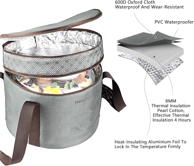 2 Pack Pie Carrier with Lids and Handles, Loadable Cupcake or Pizza Storage Containers, Includes Insulated Bags and Insulated Non-Slip Pads, Perfect for Transportation (Grey)