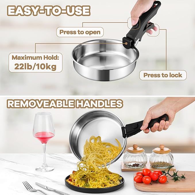 E-far 9pcs Stainless Steel Cookware Set, 3-Ply Pots and Pans Set w/Detachable Handle & Lid, Induction Cookware Kitchen Cooking Set for RV Camping, Nontoxic Whole Clad Frying/Saute/Sauce Pan, Oven Safe