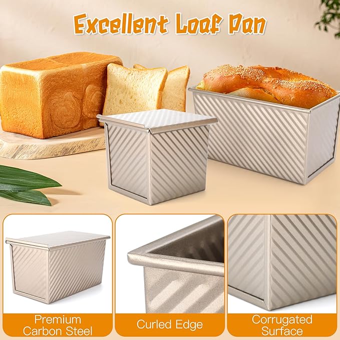 4 Pcs Pullman Loaf Pan with Lid,Bread Loaf Pan,0.5LB/1LB Dough Capacity Pullman Bread Pan, Non-Stick Carbon Steel Sandwich Bread Pans,Toast Box for Sandwich,Bread,Sourdough