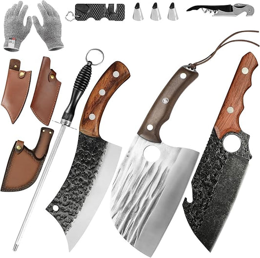 FULLHI Butcher Knife Set with Kitchen Shears, Hand Forged Chef Boning Knife With Scissors High Carbon Steel Carving Fish Chef Knife For Kitchen, Camping, BBQ