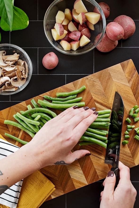 Santoku Knife - 7 Inch Black Nonstick Titanium Plated Stainless Steel Ultra Sharp Blade, With Ergonomic Comfort Grip Handle Asian Chef's Knife, With Matching Sheath