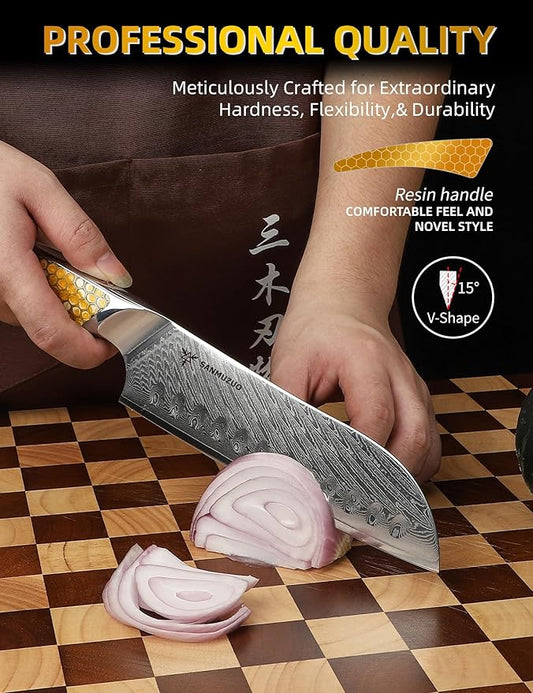 7 inch Santoku Knife, Japanese VG-10 Damascus Steel Chef Knife, Ultra Sharp Kitchen Knife with Full-tang Handle in Yellow Resin, LA-S9 Series