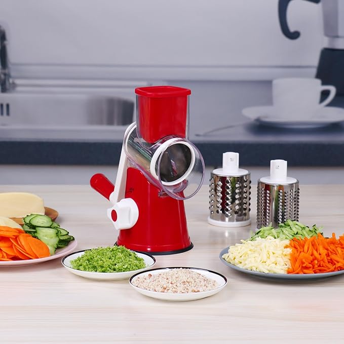 Ourokhome Rotary Cheese Grater Hand Crank, Kitchen Shredder Speed Mandolin Slicer Nut Grinder with Handle and Drum Blades for Cheese, Vegetable, Walnut, Chocolate, Potato, Carrot, 3 Blades, Red