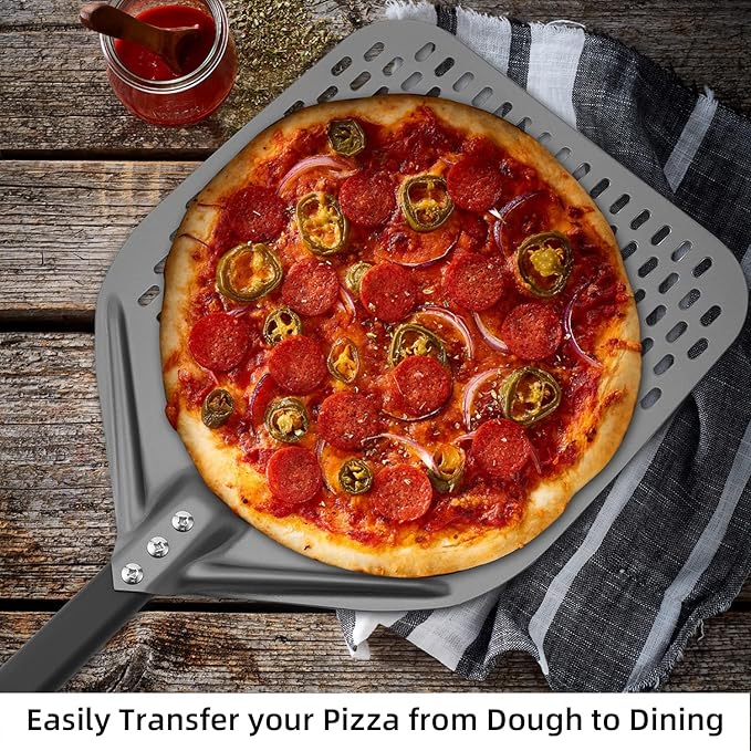 Perforated Pizza Peel, Professional 12 x 14 Inch Paddle Anodized Aluminum Turning Peel with Detachable Alloyed Handle for Home Made Pizza