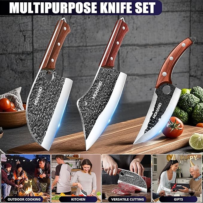 MDHAND Butcher Knife Set, 4PCS Hand Forged Butcher Chef Knife Set with Gift Box, Meat Cutting Knife for Kitchen, Bone Chopper Knives & Viking Knives for Home & Camping & Outdoor, BBQ Gift for Men