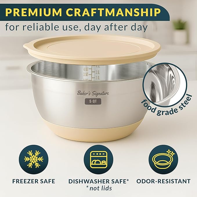 Stainless Steel Mixing Bowls with Lids Set, 5 Sizes, 3 Graters, Non-Slip Base, Airtight Lids, Metal Mixing Bowls for Kitchen, Food Prep, Storage, 0.63QT-5QT, Khaki