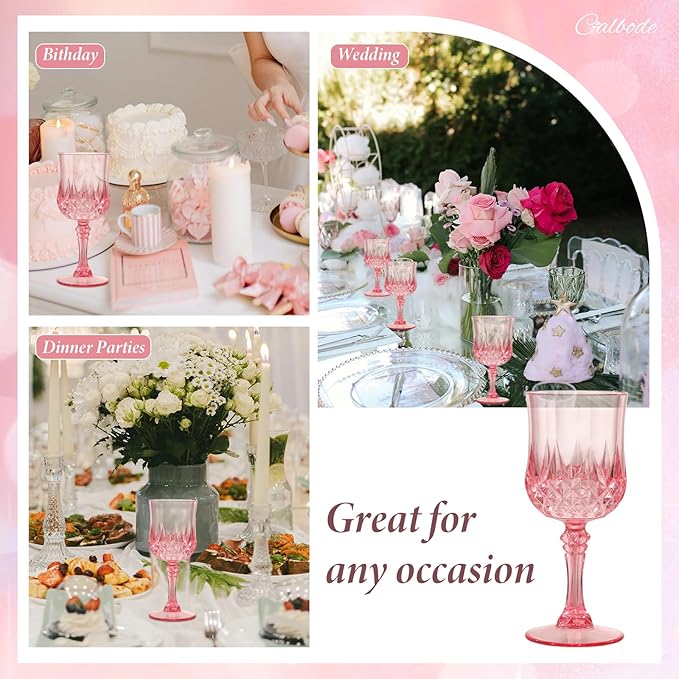 Pink Plastic Wine Glasses 7oz – 12 Pcs Unbreakable Pink Plastic Goblets for Parties Reusable & Dishwasher-Safe for Weddings, Bars, and Every Celebration