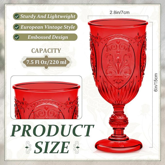 24 Pcs Plastic Goblets 7.5oz Vintage Goblet Plastic Wine Glasses Colored Retro Embossed Water Goblets for Wine Bar Juice Baby Shower Wedding Reception Grand Event Party (Red)