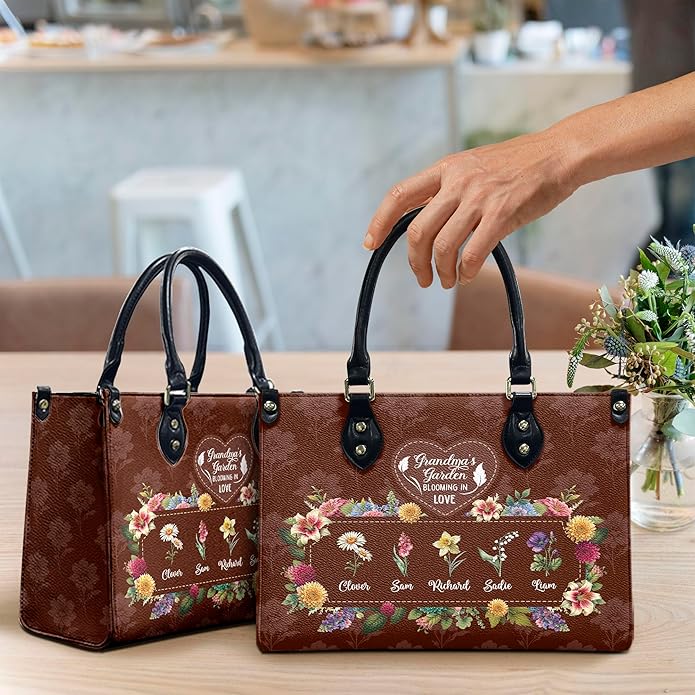 THUYPT Personalized Birth Flower Leather Bag for Mom, Women Faux Leather Handbags with Ziplock, Mother's Day Gifts