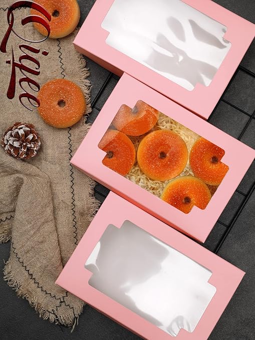qiqee 50Packs Auto-pop Pink Cookie Boxes for Gift Giving 8x5.3x2 inch One Second Folding Pink Bakery Box with Window Treat Box for Donuts Candies and Biscuit