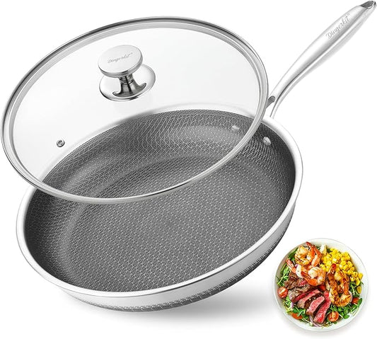 Non Stick Frying Pans, Stainless Steel Nonstick Fry pan with Honeycomb for Kitchen Cooking - 11” Skillet with Lid for Cookware - Works with Induction Cooktop Ceramic and Gas.