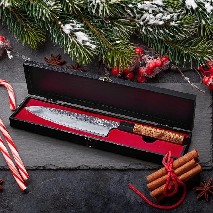 MITSUMOTO SAKARI Gyuto Chef Knife 8 inch - Hand Forged Japanese Kitchen Knives, 3-Layer 9CR18MOV High Carbon Steel, Rosewood Handle & Sandalwood Box
