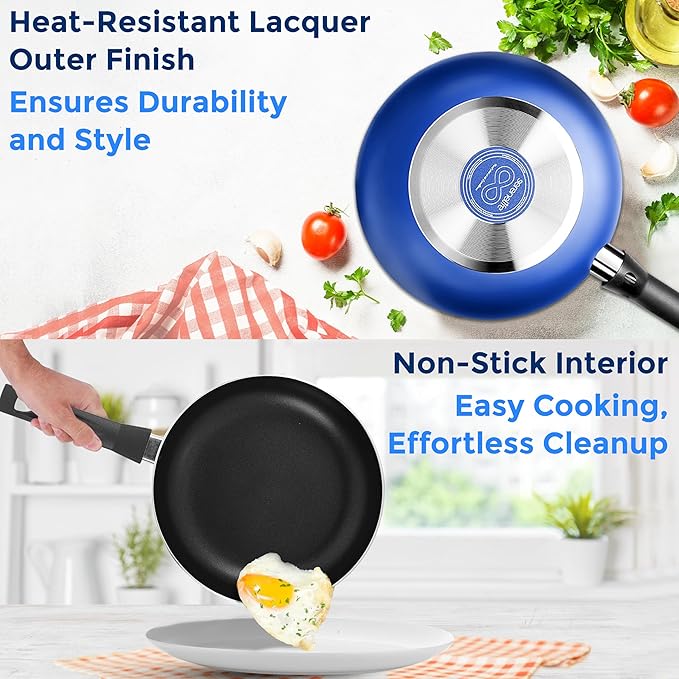 SereneLife Kitchenware Pots & Pans Basic Kitchen Cookware, Black Non-Stick Coating Inside, Heat Resistang Lacquer (11 Piece set), One Size, Blue