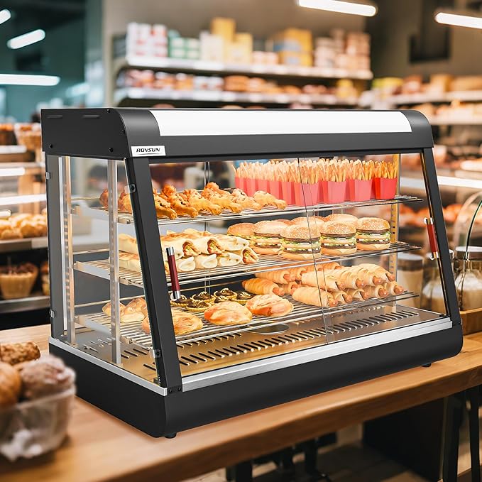 ROVSUN 35" Pizza Warmer Food Warmer Display, 3-Tier Electric Food Warmer Commercial Countertop w/LED Lighting Adjustable Removable Shelves Glass Door, Pretzel Warmer for Buffet Restaurant 1500W