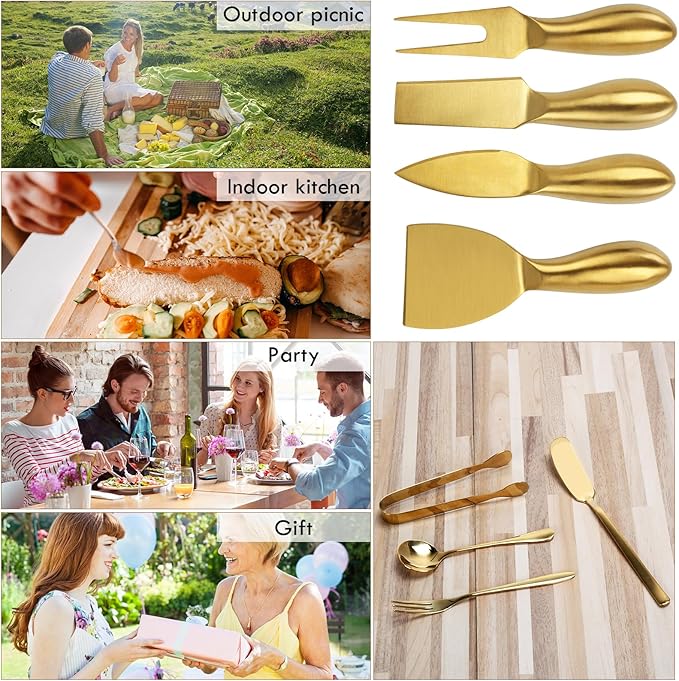18 pieces Charcuterie Board Accessories, Gold Stainless Steel Cheese Knives, Butter Knife Spreader, Appetizer Forks, Mini Serving Tongs Spoons for Gathering Wedding Birthday...