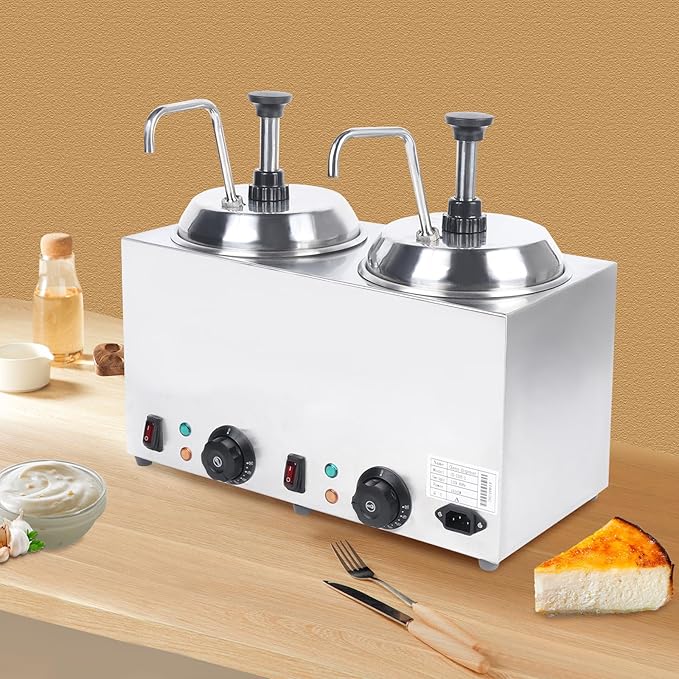 1600W Double Sauce Warmer,Cheese Dispenser with 2 Pumps,2 * 2.5L Electric Nacho Cheese Sauce Warmer 32°-230°F Jam Heat Preservation Machine for Cheese,Hot Fudge,Caramel