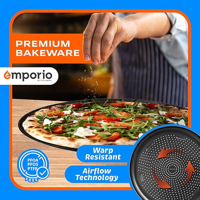 Pizza Baking Pan - 15.75-Inch Round Perforated Carbon Steel Tray with Non-Stick Coating, Dishwasher Safe, Oven Safe (Up To 450° F), Airflow Design, PFOA, PFOS, PTFE Free, Gray