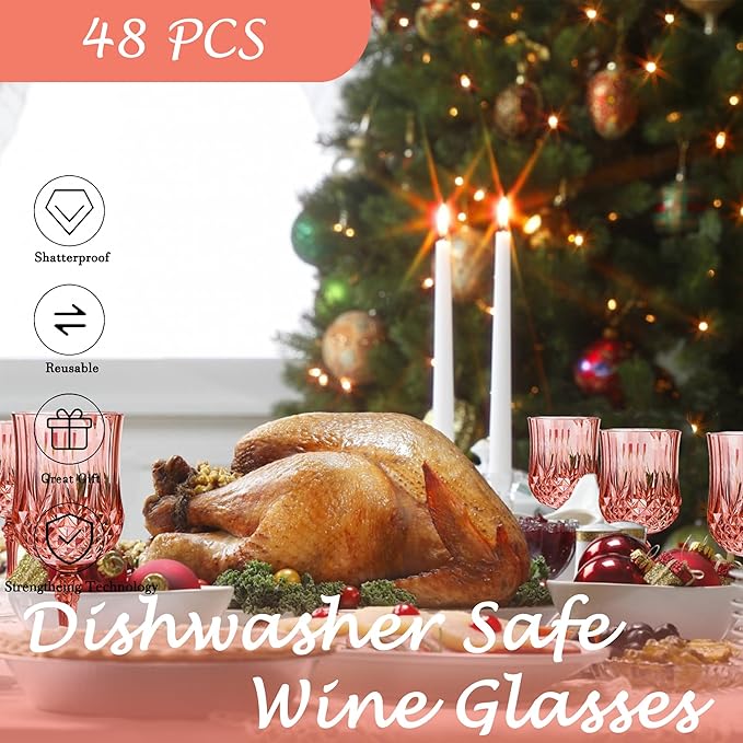 Plastic Wine Glasses,Plastic Goblets Vintage Style Cordial Drinking Glasses for Wedding Reception, Grand Event Party Supplies (48, Rose Gold)