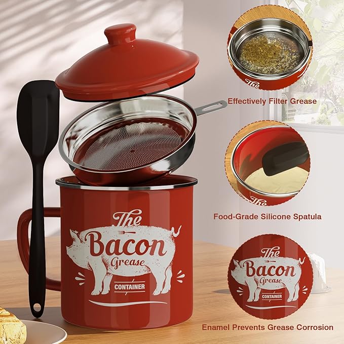 Bacon Grease Container With Strainer, 46OZ Large Enamel Grease Container, With Silicone Spatula, Farmhouse Bacon Grease Keeper, Cooking Oil Container For Kitchen Fat Storage, Dishwasher Safe-Red