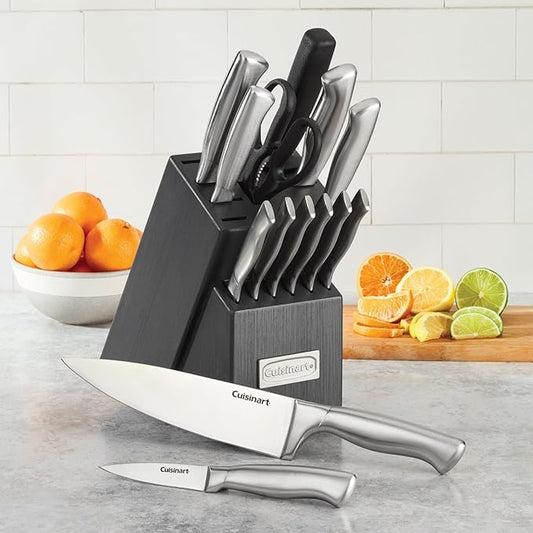 Cuisinart Professional Block Knife Set, 15pc Cutlery Knife Set with Steel Blades for Precise Cutting, Lightweight, Stainless Steel, Durable & Dishwasher Safe, Grey