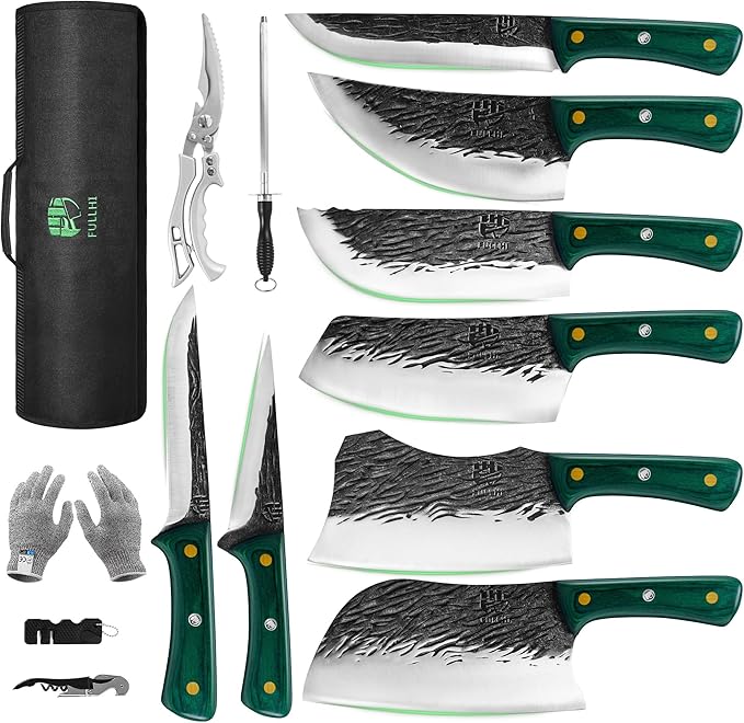 FULLHI Butcher Knife Set with Kitchen Shears, Hand Forged Chef Boning Knife With Scissors High Carbon Steel For Kitchen, Camping, BBQ