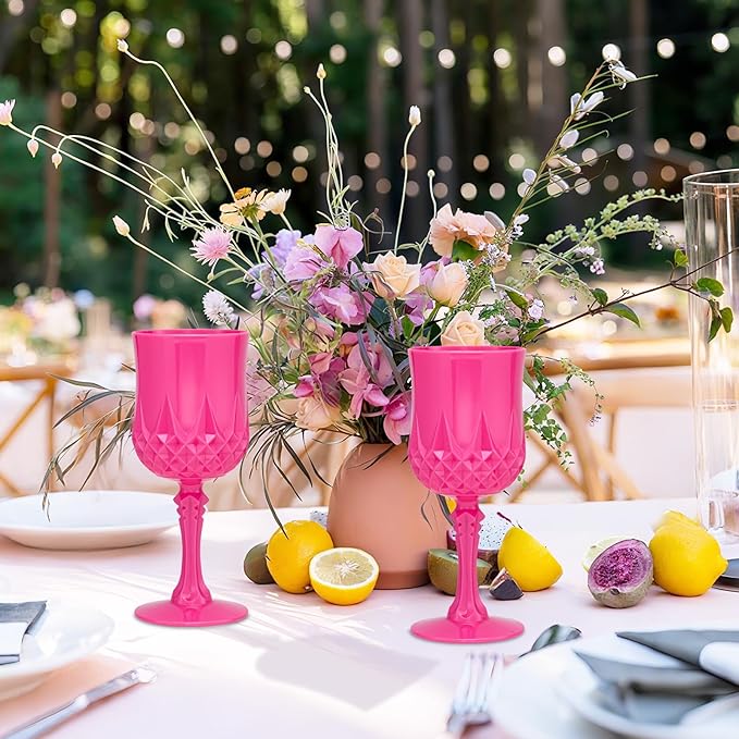 Plastic Vintage Wine Glasses 7OZ Plastic Goblets Vintage Drinking Glasses 12PCS Retro Wedding Glassware Water Goblets Reusable Drinking Cups for Party,Reception,Celebration,Bar,Whiskey(Rose Pink)